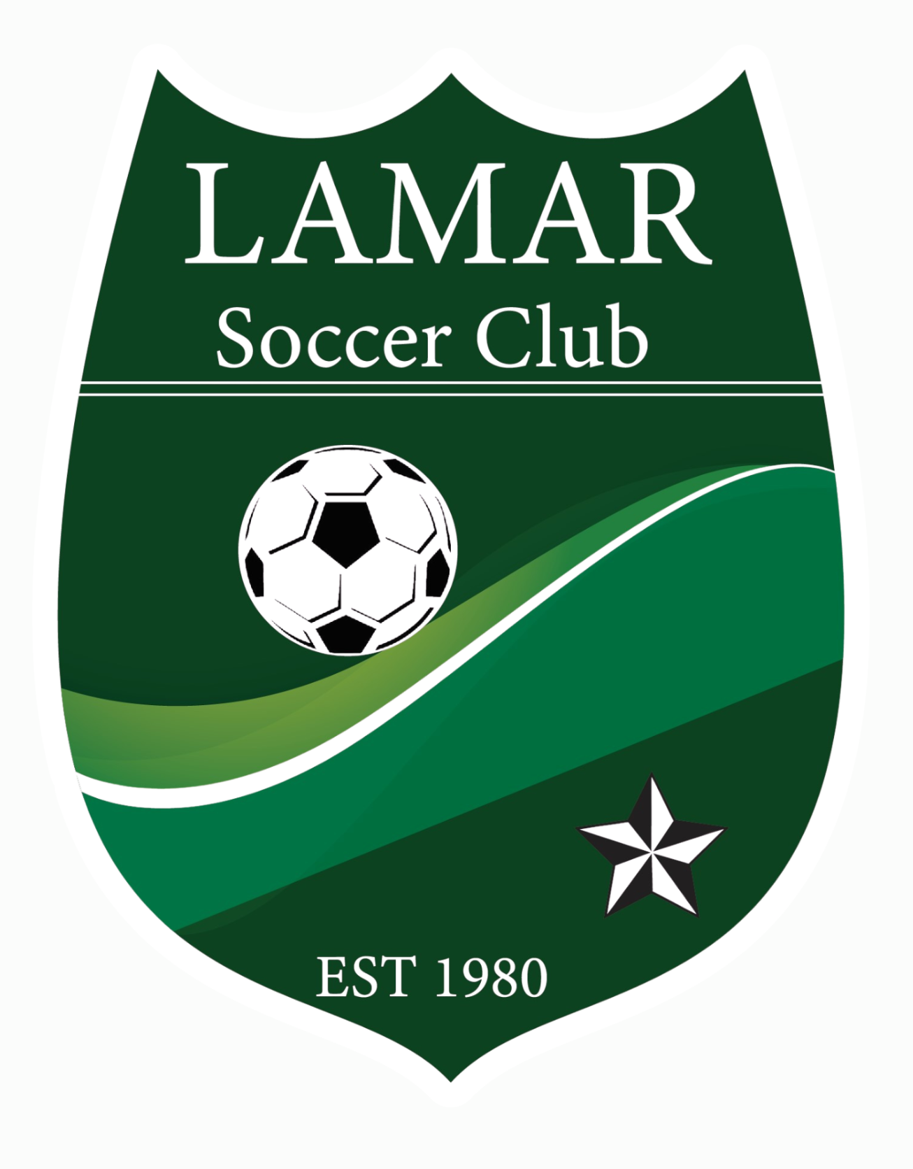 Lamar Soccer Club Green Badge Emblem with soccer ball. Est 1980.
