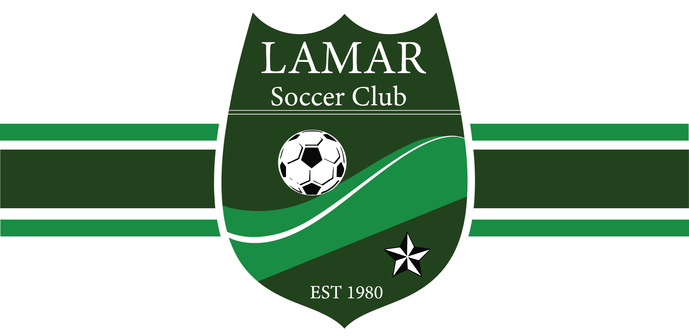 Lamar Soccer Club Green Badge Emblem with soccer ball. Est 1980.